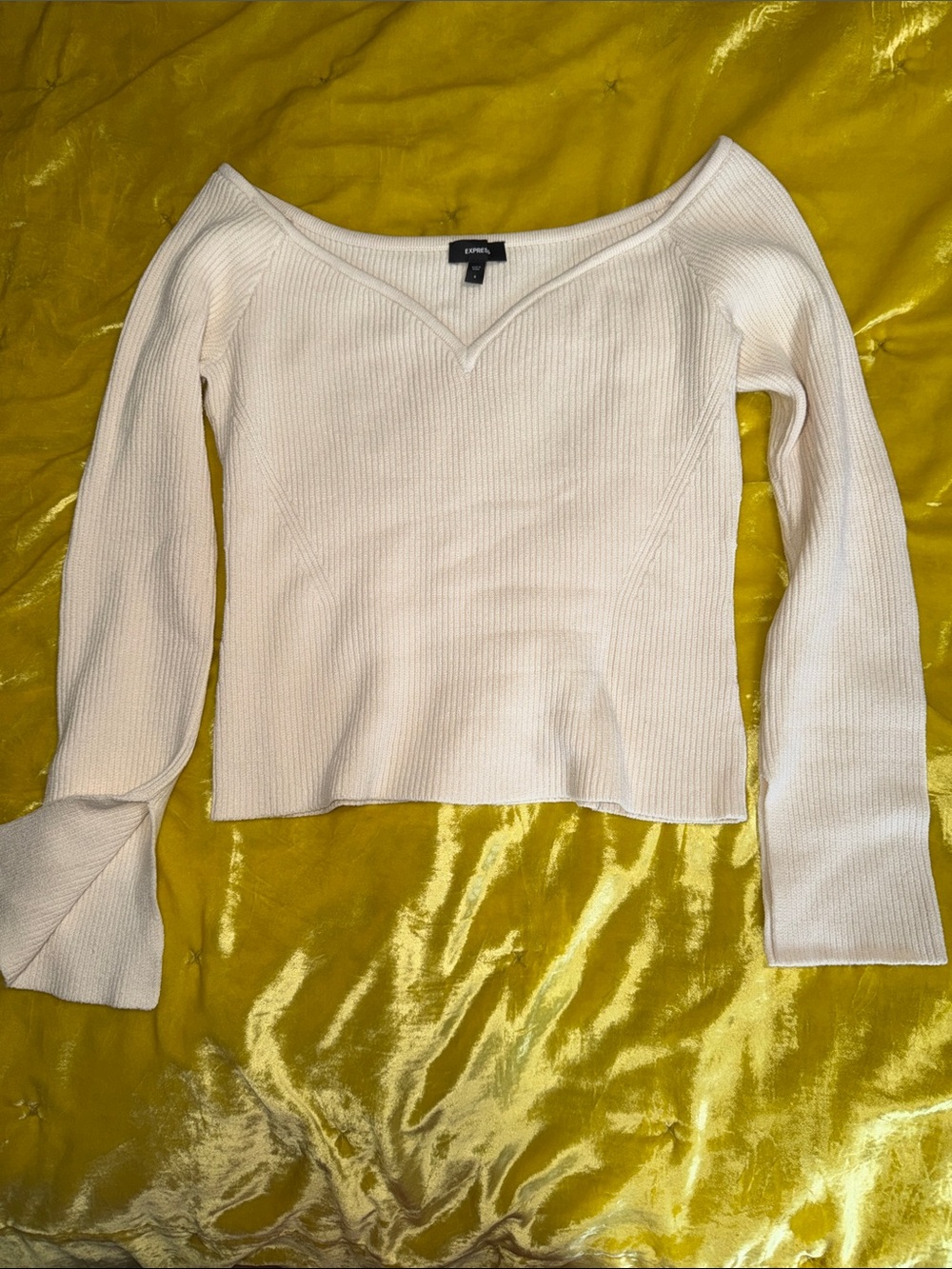 Express Cream Ribbed Sweetheart cap shoulder Long Sleeve Knit Top